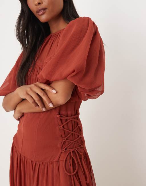 ASOS DESIGN Petite - Robe longueur mollet en mousseline à manches bouffantes - Rouille intense, 3 de 4