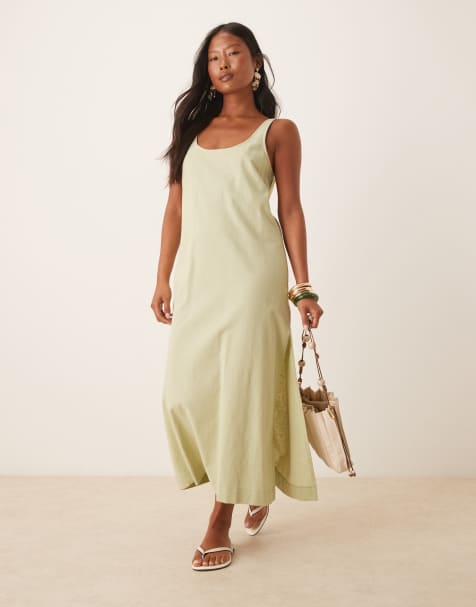 ASOS DESIGN Petite - Robe mi-longue à encolure dégagée en coton et lin - Sauge - view 1