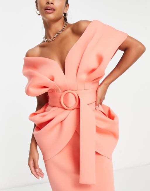 ASOS DESIGN Petite Robe mi longue avec ceinture et epaules tombantes Rose