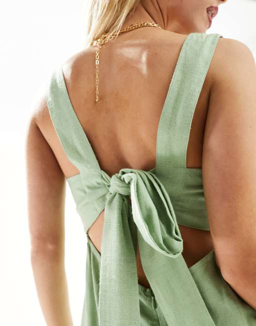 ASOS DESIGN Petite Robe mi longue d ete en lin a encolure carree avec lien a nouer au dos Vert sauge ASOS