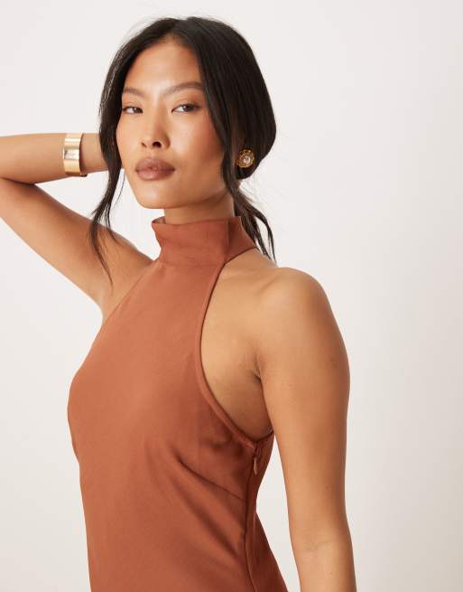 ASOS DESIGN Petite - Robe mi-longue en mousseline avec col montant - Rouille, 2 de 4