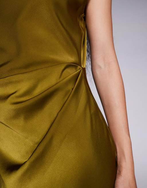 ASOS DESIGN Petite - Robe mi-longue en satin à col montant et corsage plissé - Vert, 2 de 4