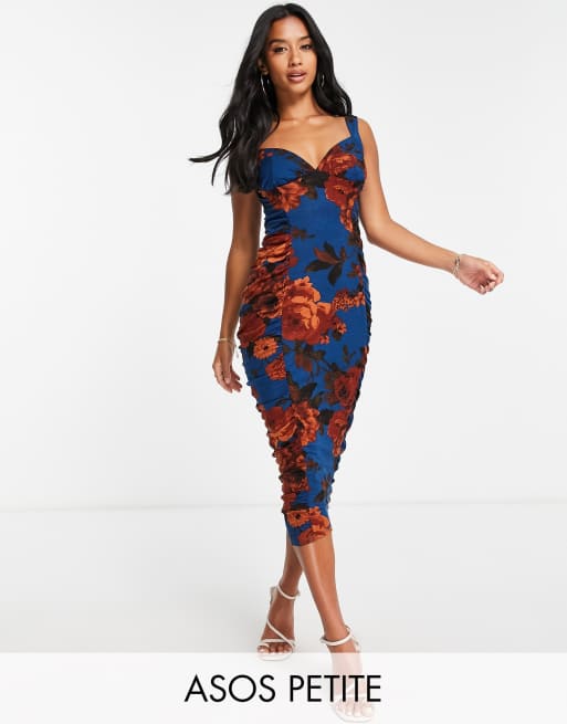 ASOS DESIGN Petite - Robe mi-longue froncée sur le côté à décolleté en coeur - Imprimé fleurs sarcelle et rouille