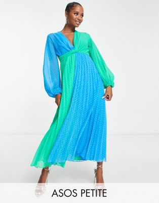 ASOS DESIGN Petite dobby twist front pleated midi dress in green and blue colourblock  - ASOS Price Checker