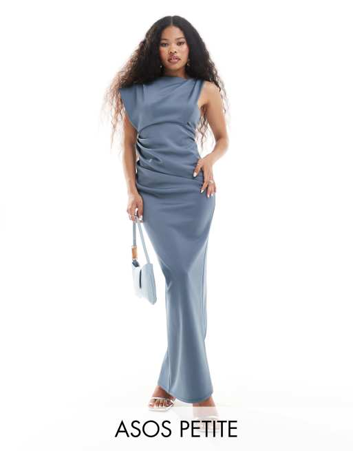 ASOS DESIGN Petite - Robe minimaliste longue et asymétrique à col montant - Bleu ardoise