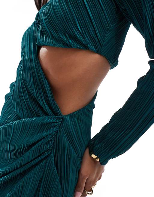 ASOS DESIGN Petite - Robe plissée mi-longue effet drapé à découpe - Vert bouteille, 3 de 4