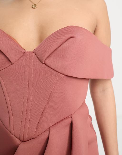 ASOS DESIGN Petite - Robe portefeuille mi-longue style corset à épaules dénudées - Rose, 2 de 4