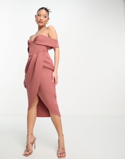 ASOS DESIGN Petite - Robe portefeuille mi-longue style corset à épaules dénudées - Rose, 3 de 4