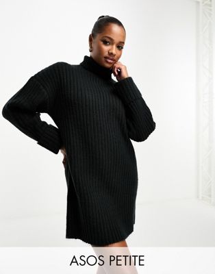 ASOS DESIGN Petite knitted jumper mini dress with high neck in black - ASOS Price Checker