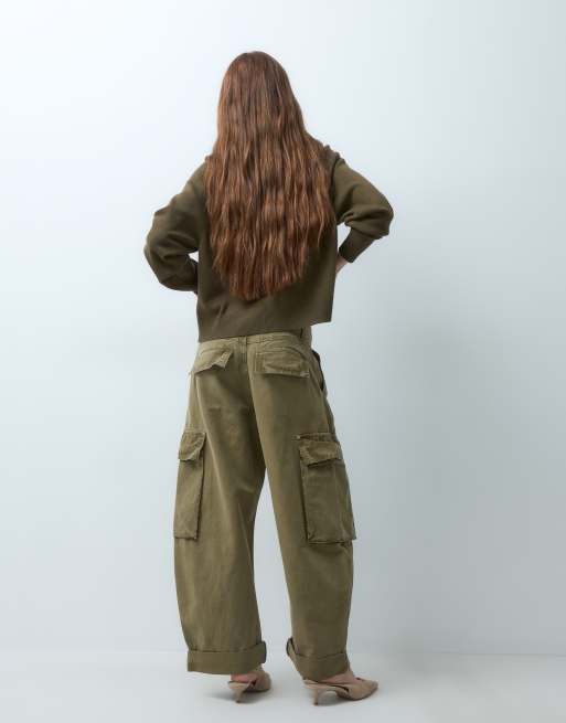 ASOS DESIGN Petite roll hem cargo pant with eyelet belt in washed khaki, 2 of 5