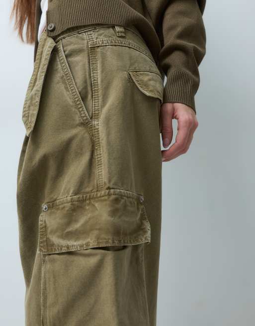 ASOS DESIGN Petite roll hem cargo pant with eyelet belt in washed khaki, 5 of 5