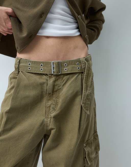 ASOS DESIGN Petite roll hem cargo trouser with eyelet belt in washed khaki, 3 of 5