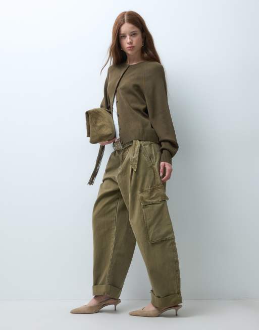 ASOS DESIGN Petite roll hem cargo trouser with eyelet belt in washed khaki, 4 of 5