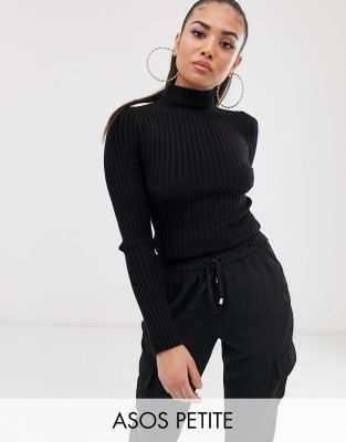 ASOS DESIGN Petite roll neck jumper in fine knit rib-Black