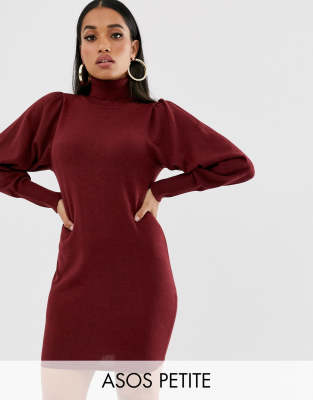 Asos Petite Asos Design Petite Roll Neck Mini Dress With Statement Sleeve In Recycled Blend-red