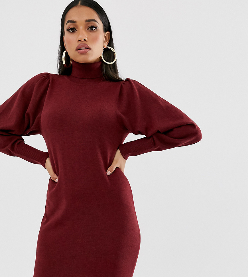 ASOS DESIGN Petite roll neck mini dress with statement sleeve in recycled blend-Red