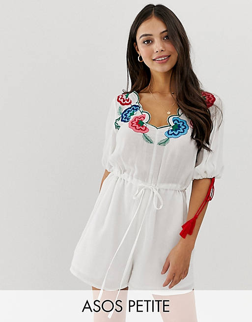ASOS DESIGN Petite romper with embroidery and tie sleeve detail