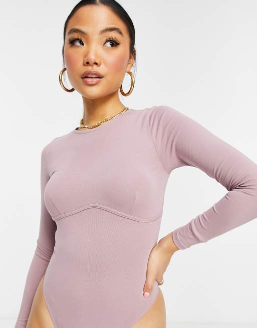 ASOS DESIGN Petite – Rosa långärmad body med korsettsöm under bysten, 3 av 4