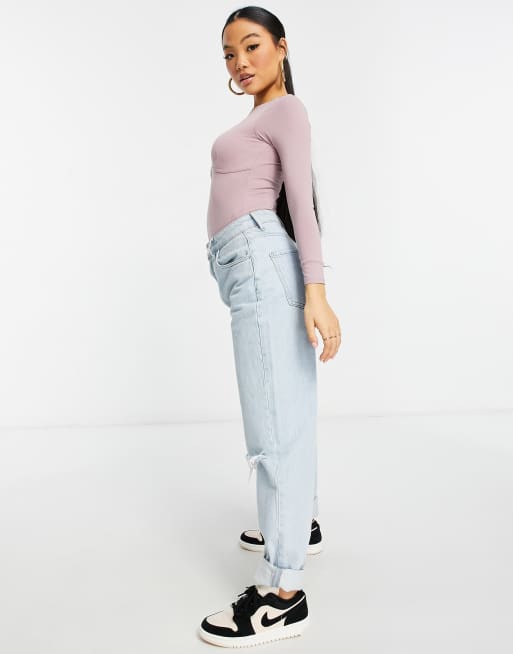 ASOS DESIGN Petite – Rosa långärmad body med korsettsöm under bysten, 4 av 4