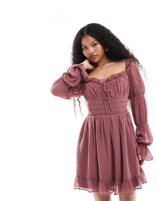 ASOS DESIGN Petite - Rosa langærmet milkmaid-minikjole med rynket talje i dobby