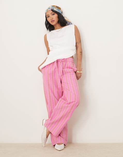 ASOS DESIGN Petite – Rosa, randiga byxor i linneimitation med elastisk midja - view 1