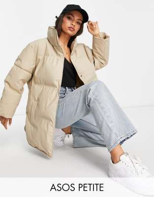 ASOS DESIGN Petite rubberised oversized puffer jacket in camel-Neutral