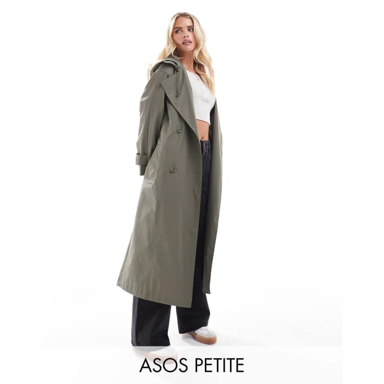 ASOS DESIGN Petite rubberised rain hooded trench coat with belt
