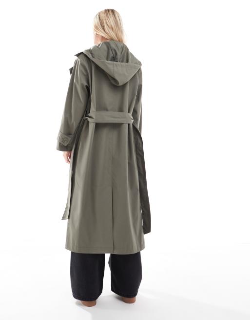 ASOS DESIGN Petite rubberised rain hooded trench coat with belt detail in khaki