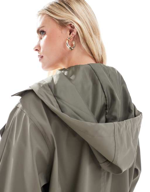 ASOS DESIGN Petite rubberised rain hooded trench coat with belt detail in khaki