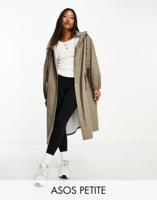 ASOS DESIGN Petite rubberised rain parka coat in mushroom