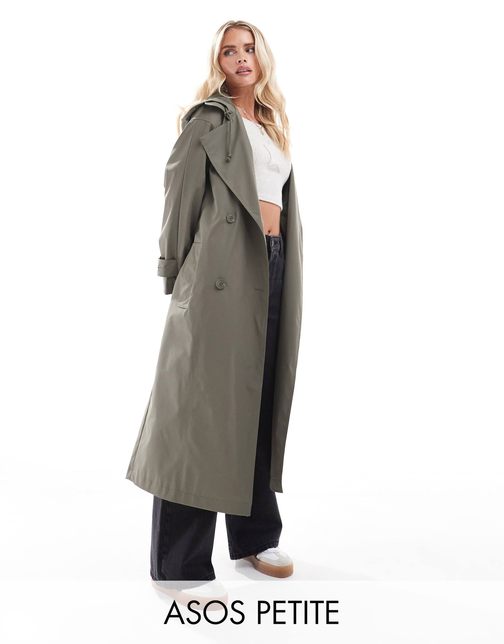 asos design petite rubberized rain hooded trench coat with belt detail in khaki