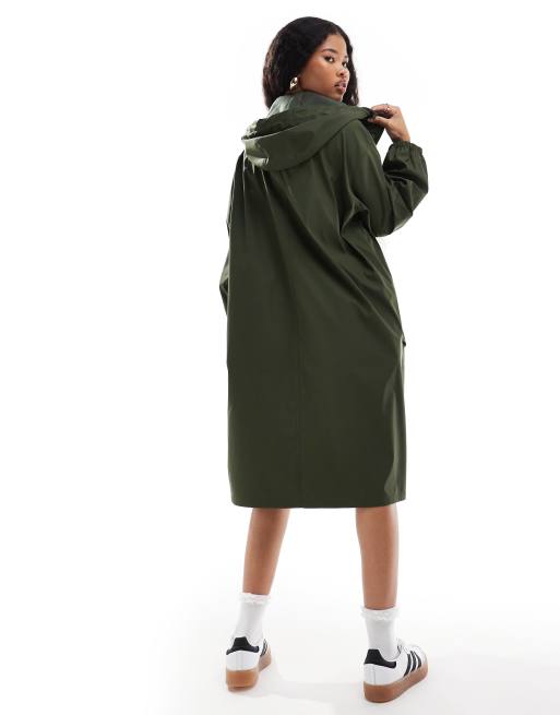 ASOS DESIGN Petite rubberized rain parka coat in khaki