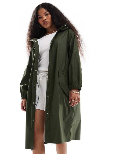 ASOS DESIGN Petite rubberized rain parka coat in khaki