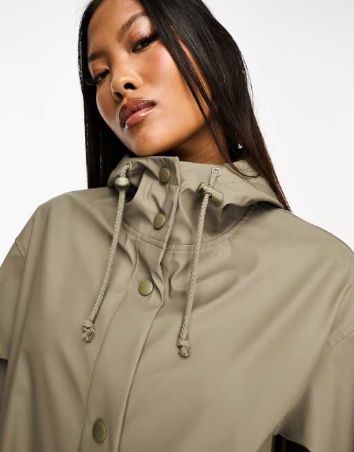 ASOS DESIGN Petite rubberized rain parka coat in mushroom