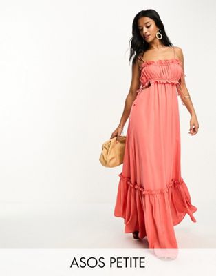 ASOS DESIGN Petite ruched bust satin maxi dress with tie detail and cut out in coral-Orange