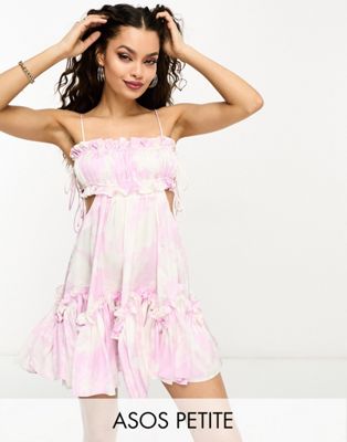 ASOS DESIGN Petite ruched bust satin mini dress with tie detail and cut out in lilac floral print