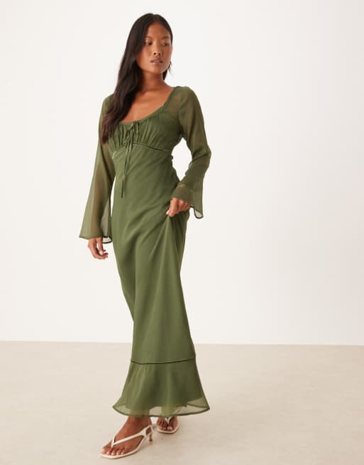 ASOS DESIGN Petite ruched bust scoop long sleeve maxi dress in olive