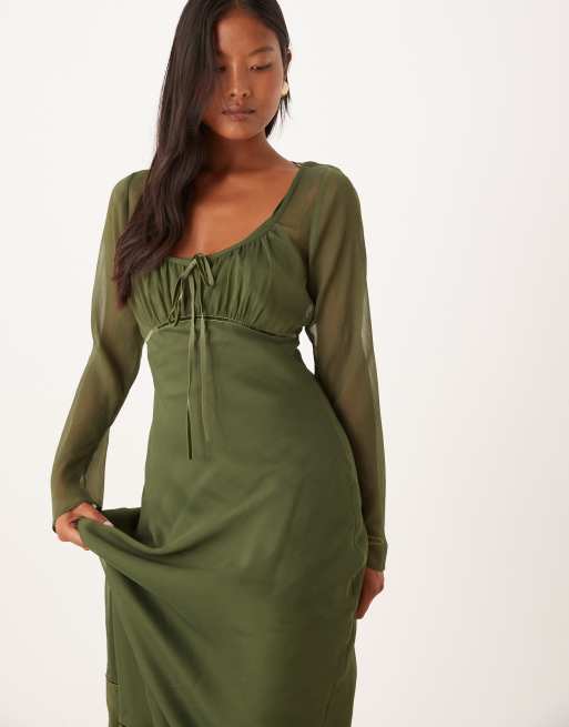 ASOS DESIGN Petite ruched bust scoop long sleeve maxi dress in olive