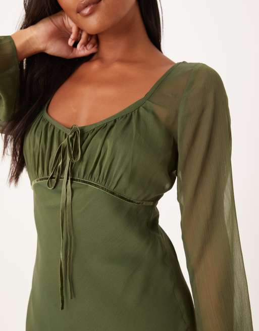 ASOS DESIGN Petite ruched bust scoop long sleeve maxi dress in olive