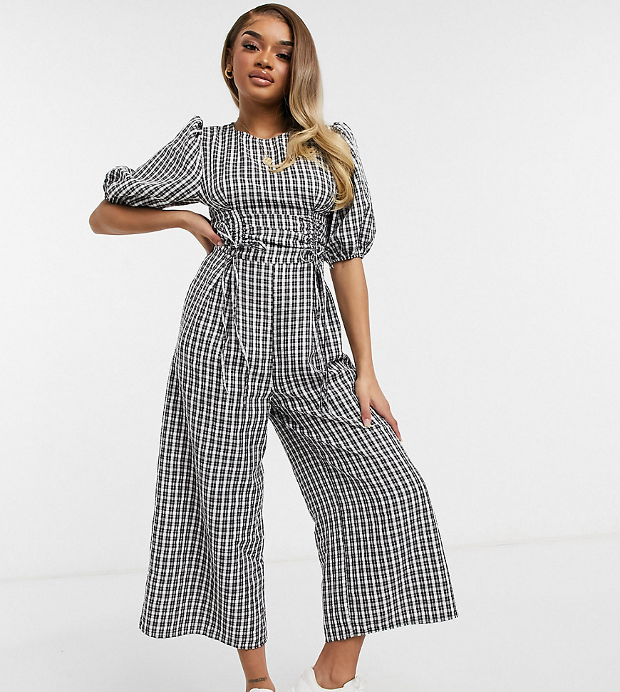 ASOS DESIGN Petite ruched channel puff sleeve cullotte jumpsuit in mono gingham-Multi
