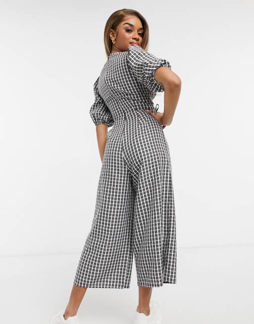 ASOS DESIGN petite ruched channel puff sleeve cullotte jumpsuit in mono  gingham