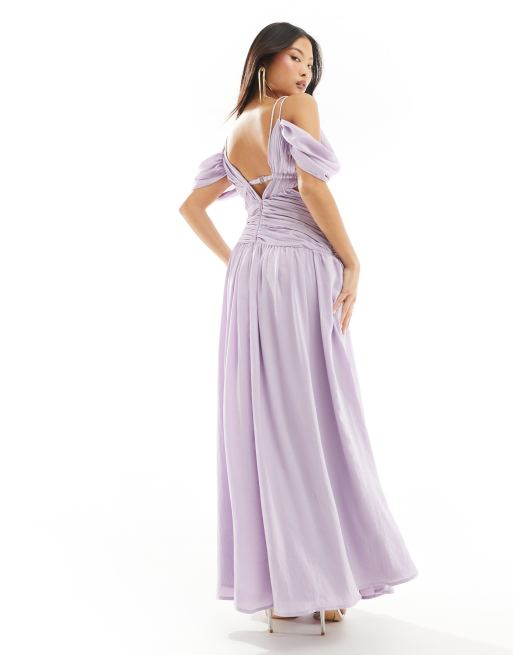 ASOS DESIGN Petite ruched fallen shoulder cut out maxi dress in lilac, 2 of 4