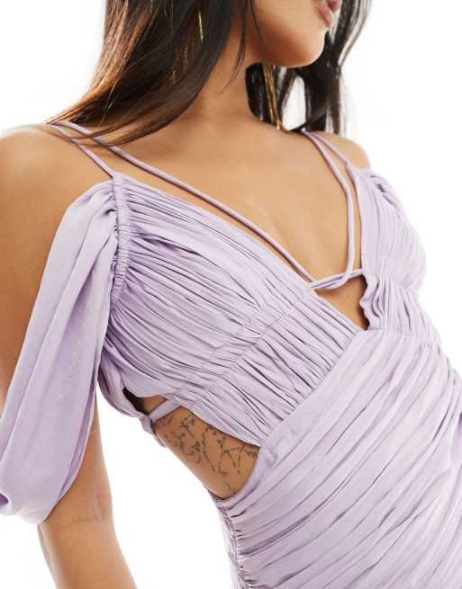 ASOS DESIGN Petite ruched fallen shoulder cut out maxi dress in lilac, 4 of 4