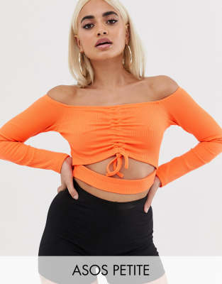 ASOS Petite ASOS DESIGN Petite ruched front bardot crop top in rib-Orange