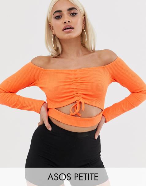 ASOS DESIGN Petite ruched front bardot crop top in rib - view 1