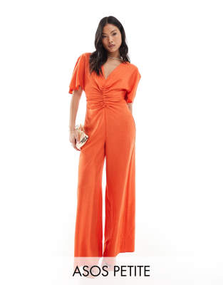 ASOS DESIGN Petite ruched front cut out back jumpsuit in orange