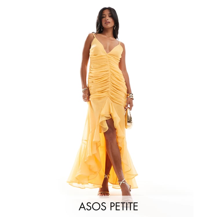 ASOS DESIGN Petite ruched front high low frill maxi dress in yellow | ASOS