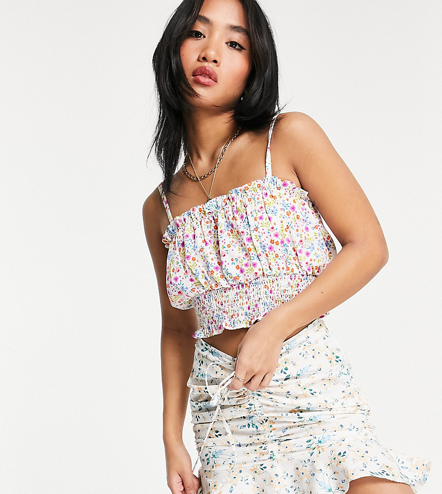 ASOS DESIGN Petite ruched front mini skirt in floral print-Multi