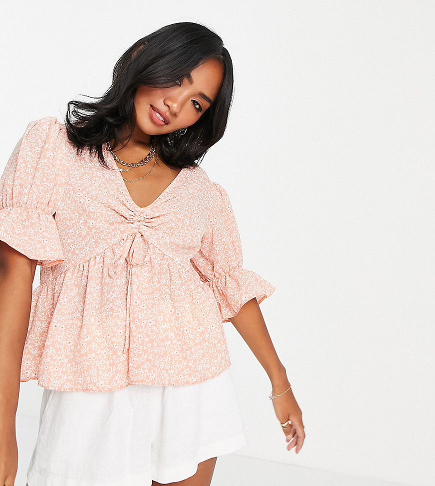 ASOS DESIGN Petite ruched front peplum top with puff sleeve in pink ditsy-No color