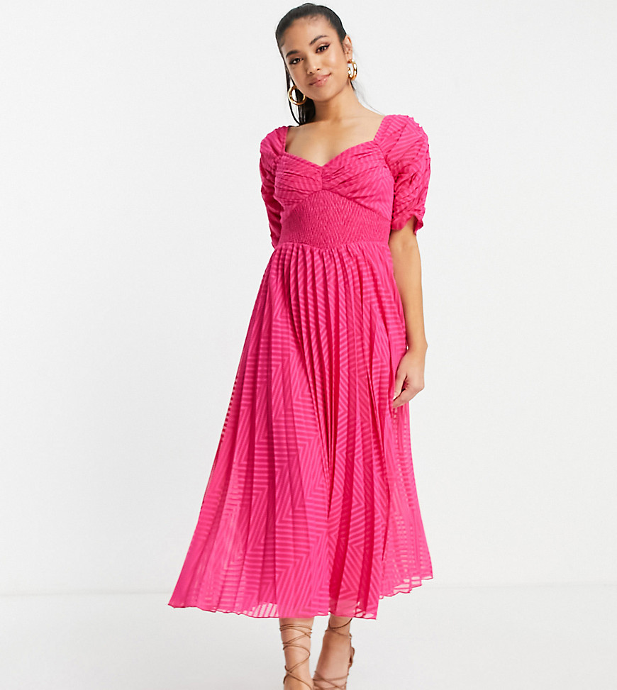 ASOS DESIGN Petite ruched front pleated midi dress with shirred waist in chevron dobby in hot pink